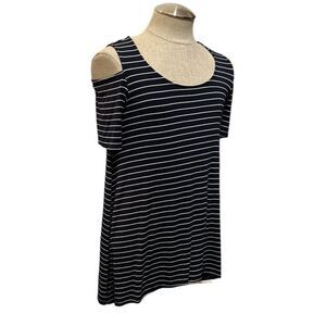 JONES New York Navy Blue White Women’s Striped Cold Shoulder Flare Mini Dress S